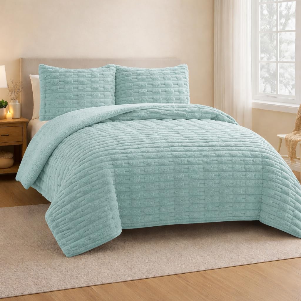 Wueps Edredón Jacquard Efecto Pelo Conejo con Borrego Sherpa, 240x260cm, 100% Poliéster, Extra Cálido y Suave para Invierno (Verde Agua)