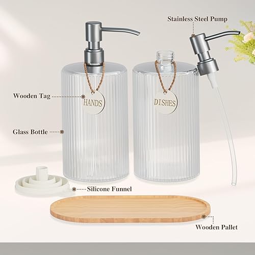 Miniatura 3 de Juego de dispensador de jabón de 18 onzas con bomba de acero inoxidable plateado y bandeja de madera, diseño de rayas verticales recargable para