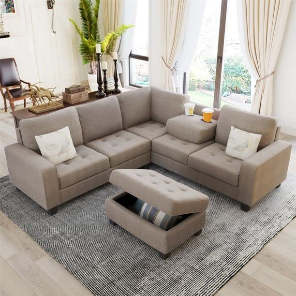Evie 5 Seater Fabric L Shaped Sectional Sofa Set for Living Room (Brown)-image-1