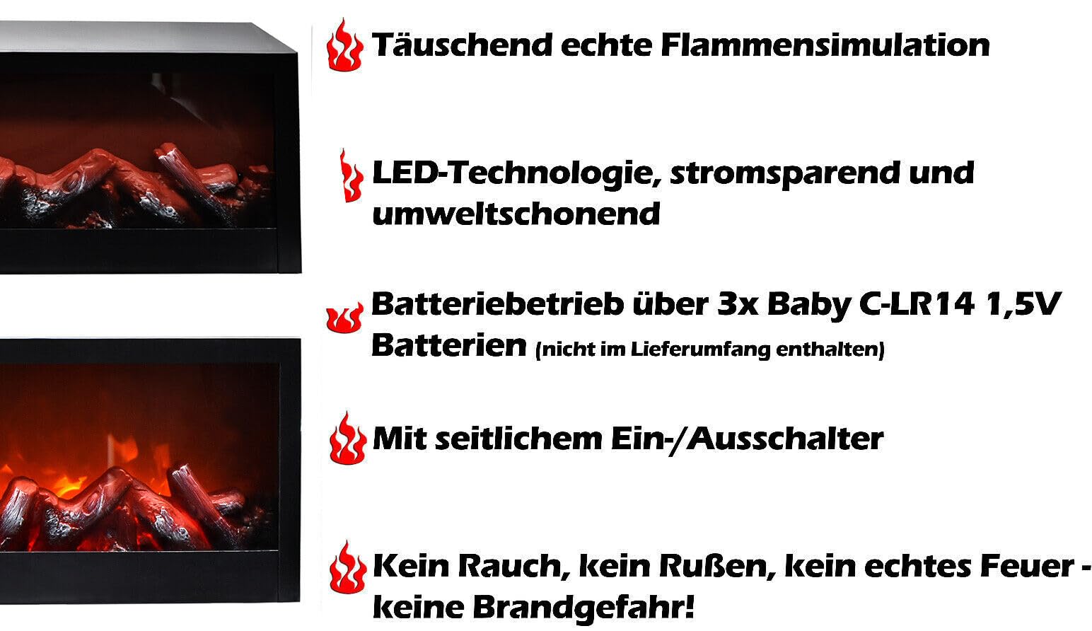 LED Wandkamin Tischkamin Elektrokamin mit realistischer Flammensimulation Kaminfeuer Feuersimulation schwarz inkl. Fernbedienung 60x20cm