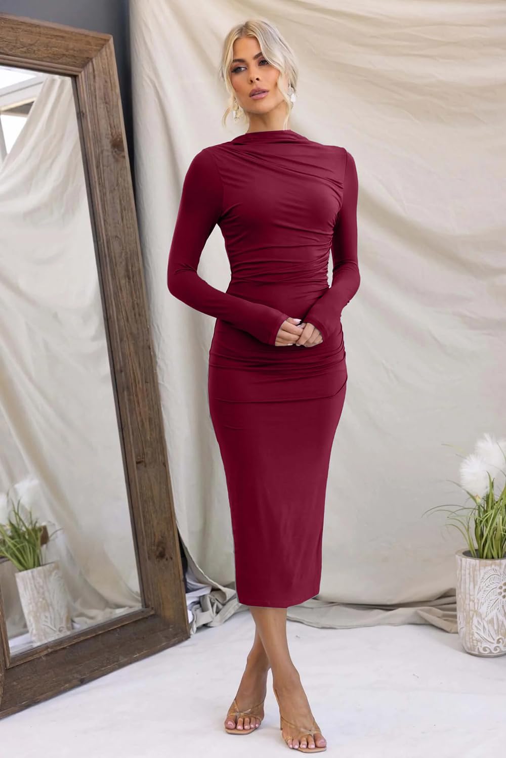 IHOT Women Mock Neck Casual Bodycon Midi Dress Long Sleeve Ruched Elegant Party Club Fall Dresses - Image 4