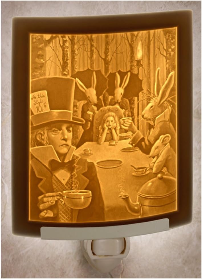 Alice in Wonderland Tea Party with Mad Hatter - Curved Porcelain Lithophane Night Light Art By Delamare