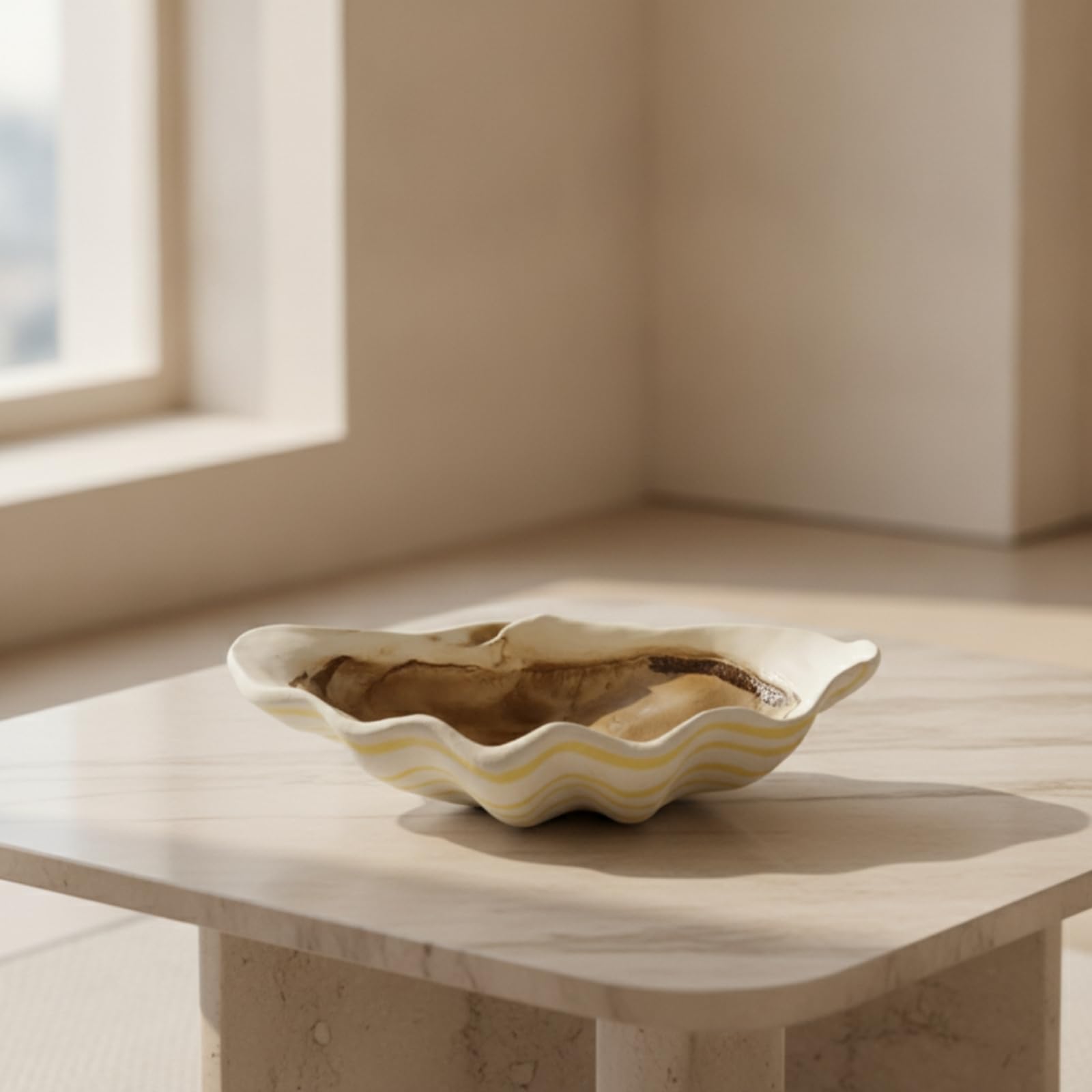 Vassoio Decorativo in Resina con Forma a Conchiglia Vassoietto Piatto Centrotavola Interno Beige E Profilo Marrone per Arredi Moderni Adatto per