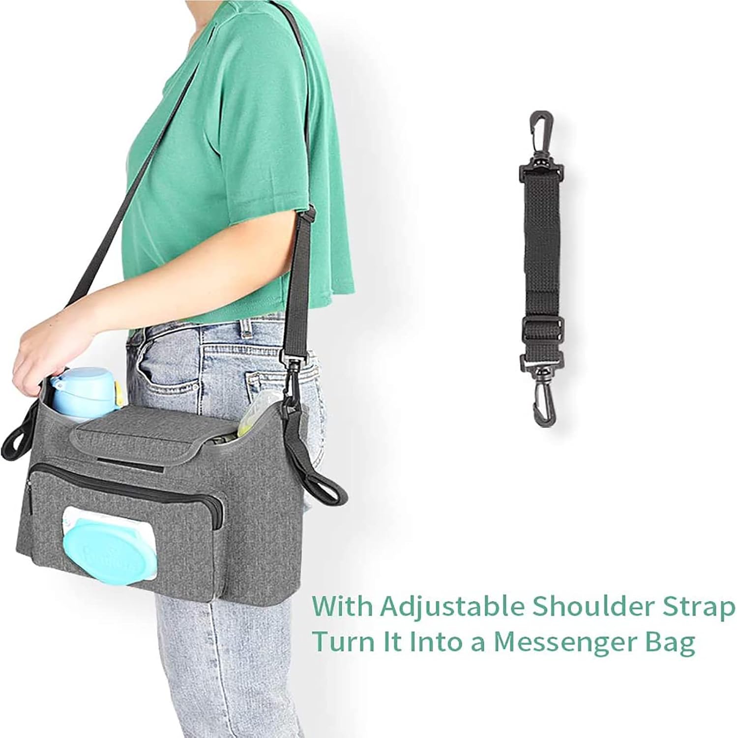 Baby Stroller Organizer - Stroller Accessories Bag Large Space with 2 Cup Holders Multiple Zipper Pockets for Bottle, Diaper, Phone, Toys, Baby Items - Fits All Strollers, Easy Installation