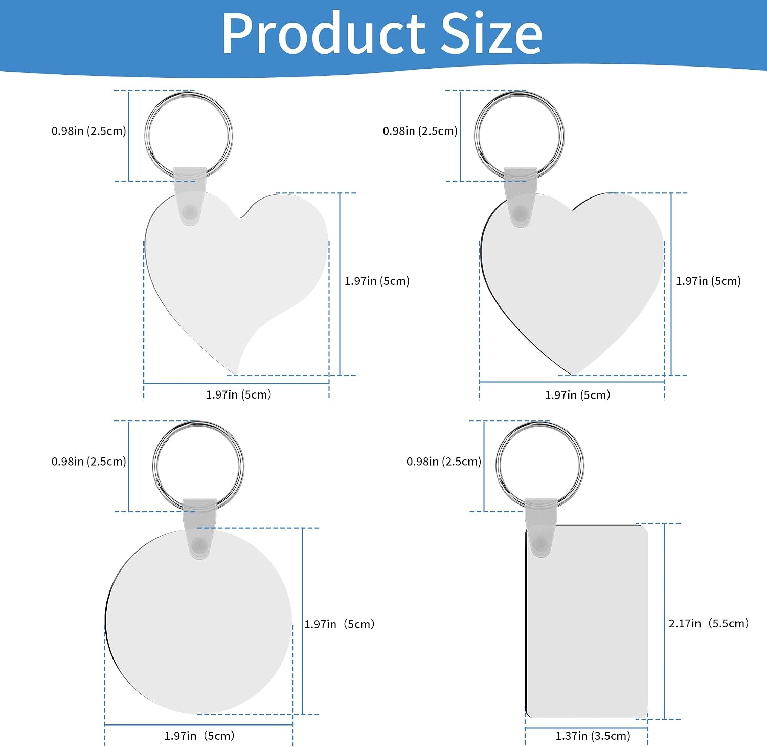 Merkisa 150 Pcs Sublimation Keychain Blanks – Double-Sided Heat Transfer Blanks 50 Set with Rings & Clips, Clear Film– DIY Bulk Blank Keychains for Crafts (Rectangle, Round, Heart, Tilt Heart)