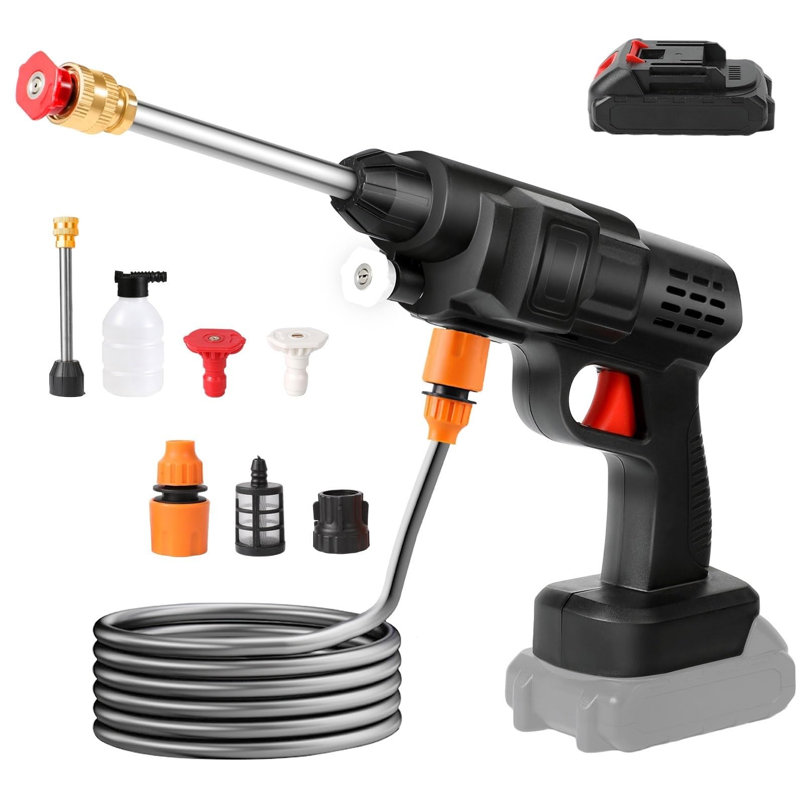 6-in-1 Cordless Pressure Washer 21V, 60 Bar Portable Car Washing Kit with 2 PCS Battery, Foam Pot & 5m Hose, for Car, Fence, Floor, Garden Cleaning for Car/Floor/Garden (A-1 Battery)