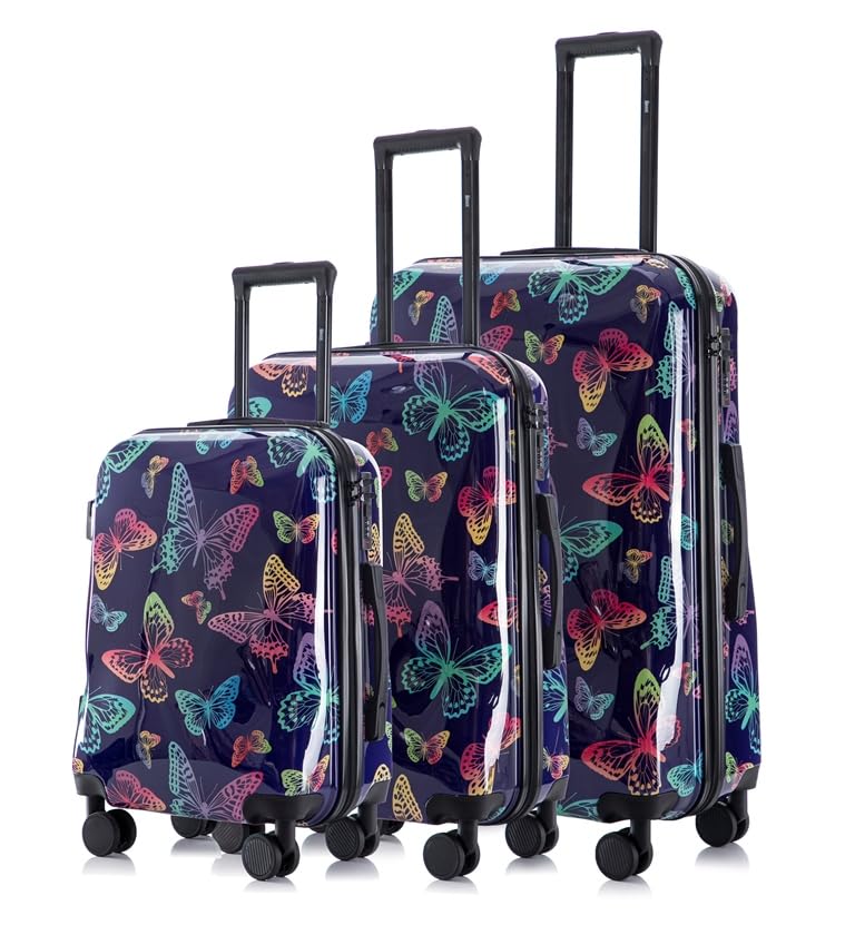 Multi-color Design ABS Hard Shell Lightweight with 360° Dual Spinning Wheels & Combo Lock – Includes 28", 24", 20" 3-Piece Luggage Set (Butterfly)4