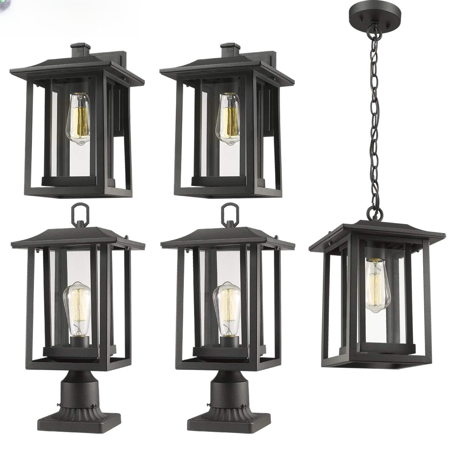 BeionxiiOutdoor Post Light Outside Wall Lantern Exterior Pendant Lamp Bundle Set, Sand Textured Black with Clear Glass - A197 Series