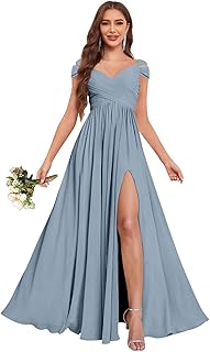 Women's Off The Shoulder Bridesmaid Dresses with Slit Chiffon Pleated Long Formal Evening Gown - Buy now