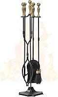 AMAGABELI 5-Piece Wrought Iron Fireplace Tools Set with Brass Handles - Rustic Stand, Poker, Tongs, Shovel, Brush for Fire Pits & Hearths