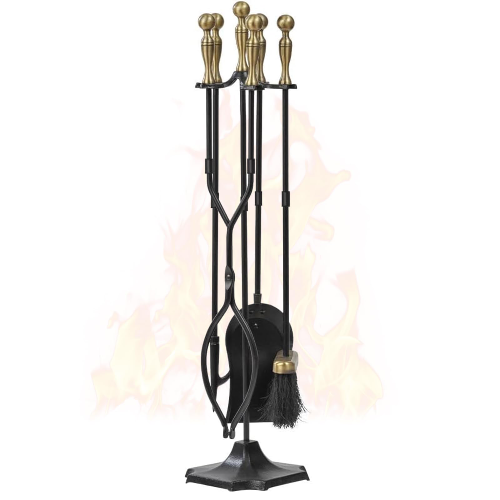 Amagabeli 26.5"(67.3cm) 5 Pieces Fireplace Tools Sets Brass Handles Wrought Iron Set and Holder Indoor Outdoor Fireset Fire Pit Stand Tongs Shovel Brush Chimney Poker Wood Stove Hearth Accessories