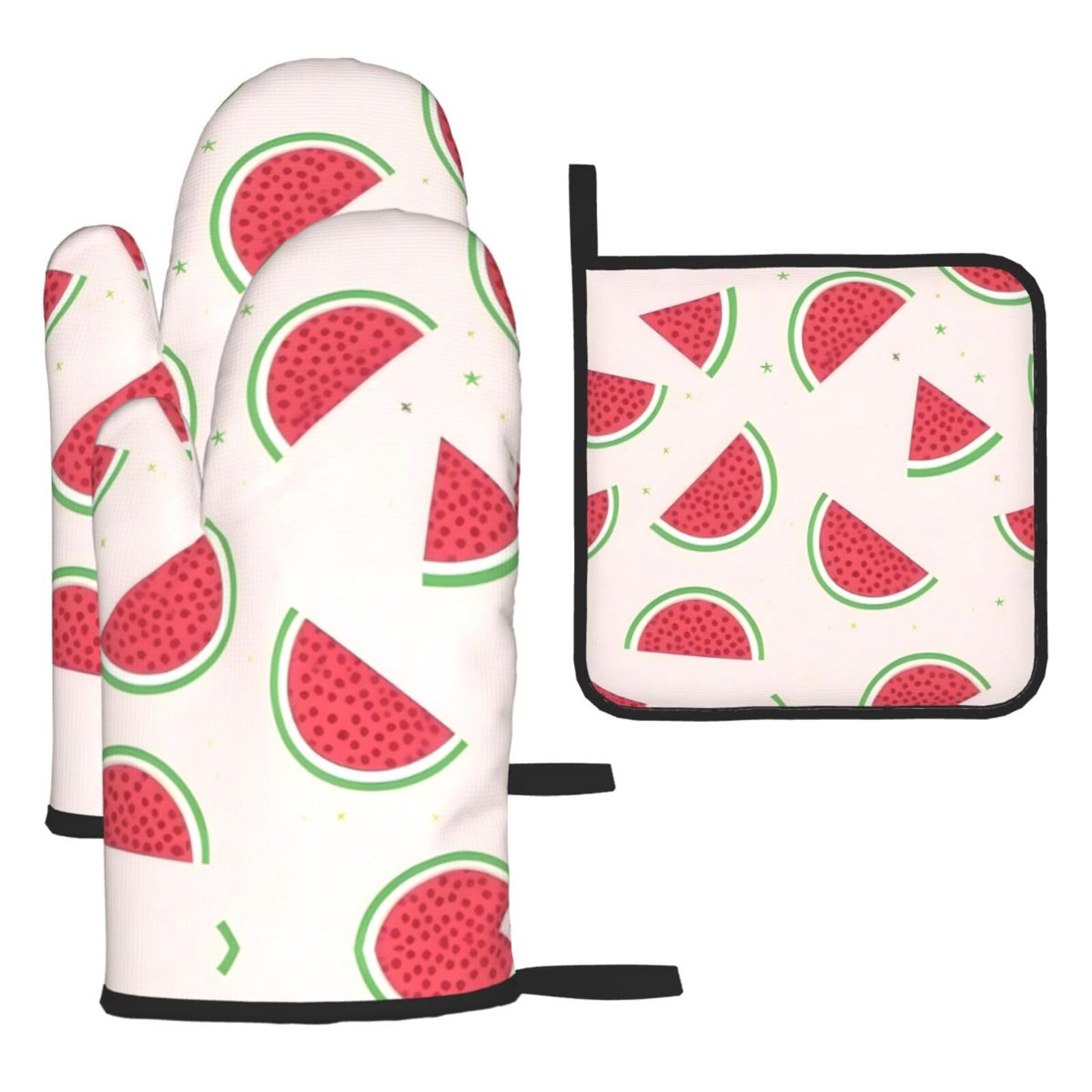 Pink watermelon Printed Oven Mitt Set 3-Piece | Heat Resistant Gloves & Pot Holder Mat for Cooking, Baking & BBQ