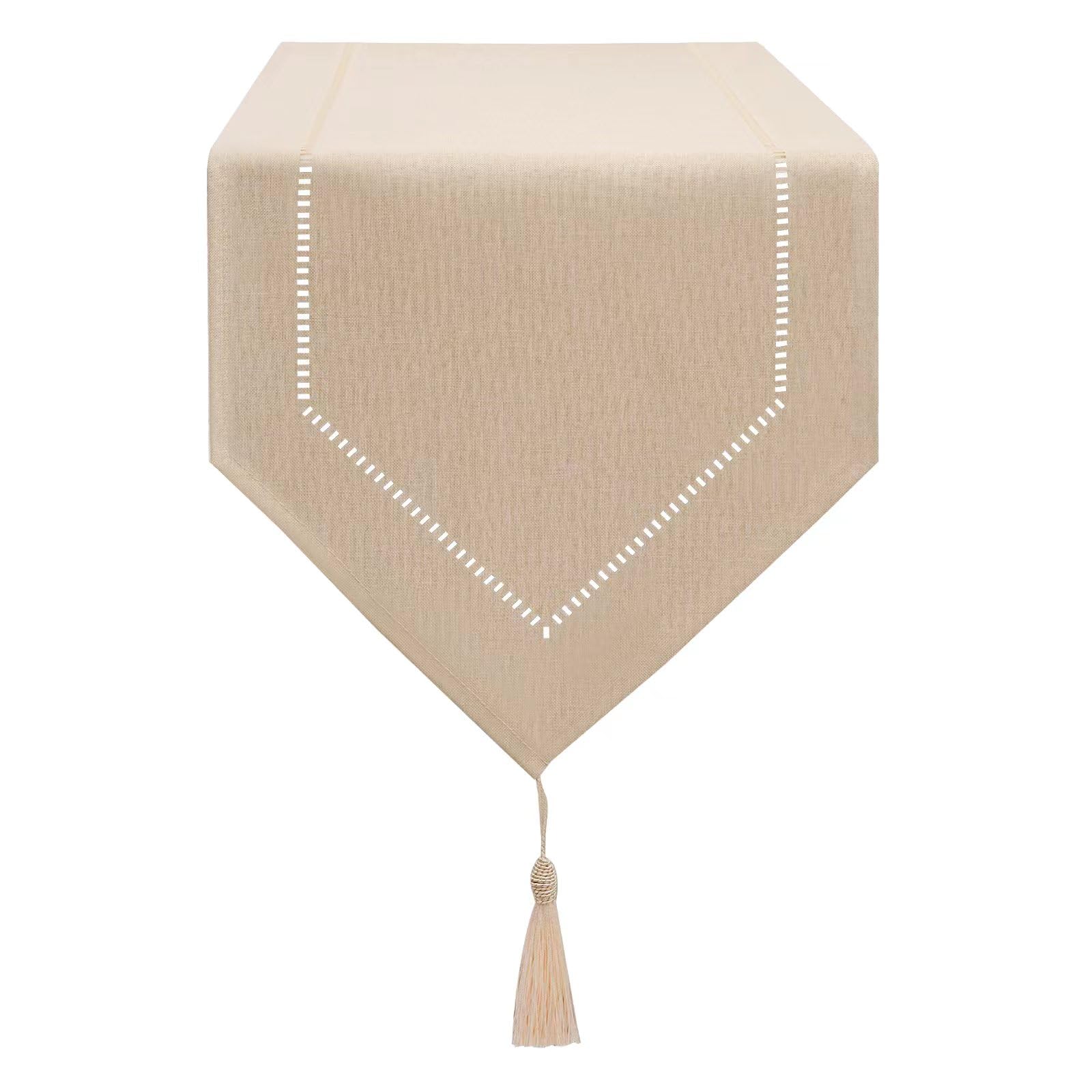 LLCUTESHOP Beige Linen Table Runner, 32 x 275 cm, Modern Wheat Ear Design, Washable for Dining Room & Party Decoration