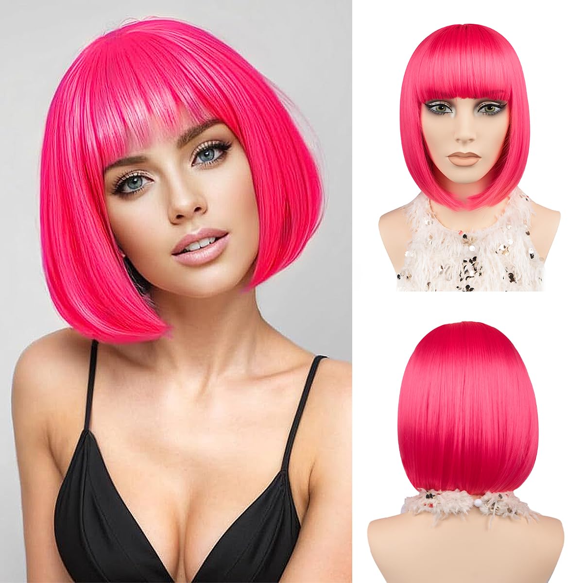 JIAMEISI Rosa Perücke Kurze Bob Perücke mit Pony 30cm Synthetische Glatte Rosa Bob Perücke für Damen Farbenfrohe Party Weihnachten Halloween Cosplay Tägliche (Knallrosa)