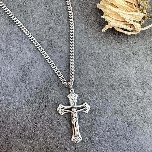 Sterling Silver Crucifix Pendant (1 7/8” x 1 1/8”) with 24” Stainless Silver Heavy Curb Chain - Includes Deluxe Flip-top, gift box3