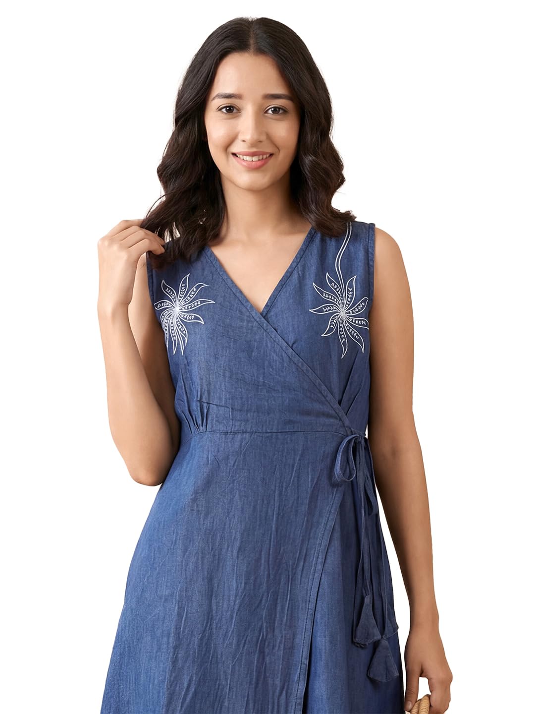 Women Blue Cotton Denim Wrap Dress | Sleeveless V Neck Embroidered Midi Length | Casual Summer for Womens