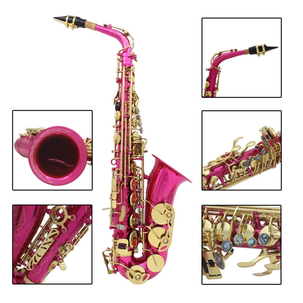 Kit completo de saxofón E-Flat con estuche de transporte, kit de limpieza y cuidado, saxofón alto Eb Brass Saxofón alto for principiantes y estudiantes (Color : Rose red)