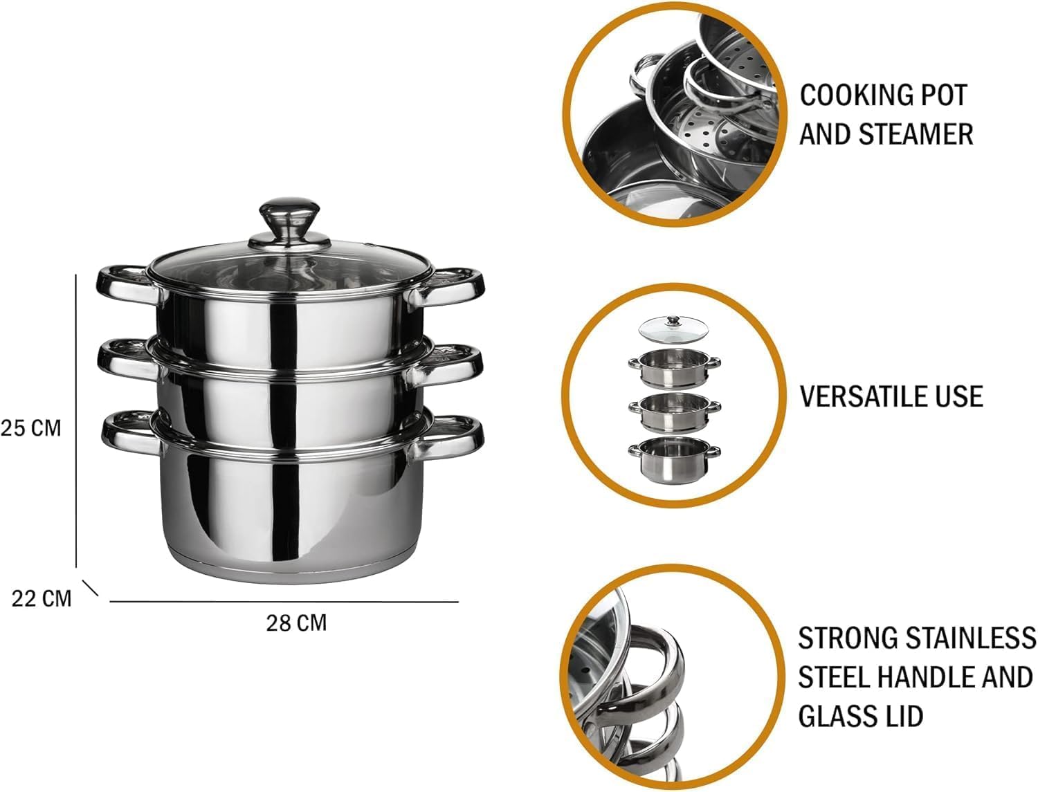 Royal Swiss Edelstahl Dampfgarer Ø28 cm, 8L, Dampftopf Induktion mit 2 Dämpfeinsätzen, Glasdeckel mit Dampfauslass, Gemüsedämpfer für Gas Elektro Ceran Halogen, Spülmaschinengeeignet