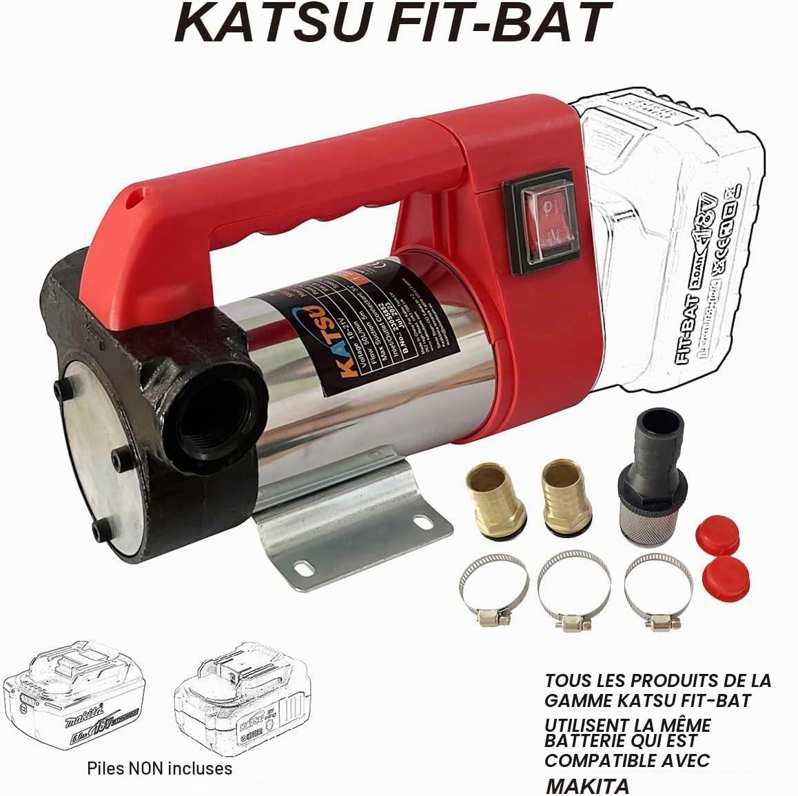 KATSU FIT-BAT Pompe de Transfert Diesel sans Fil 18V/21V Portable Auto-amorçante Pompe d'Extraction d'Huile de Carburant pour Voitures Tracteurs Caravane Bateau Camion, sans Batterie
