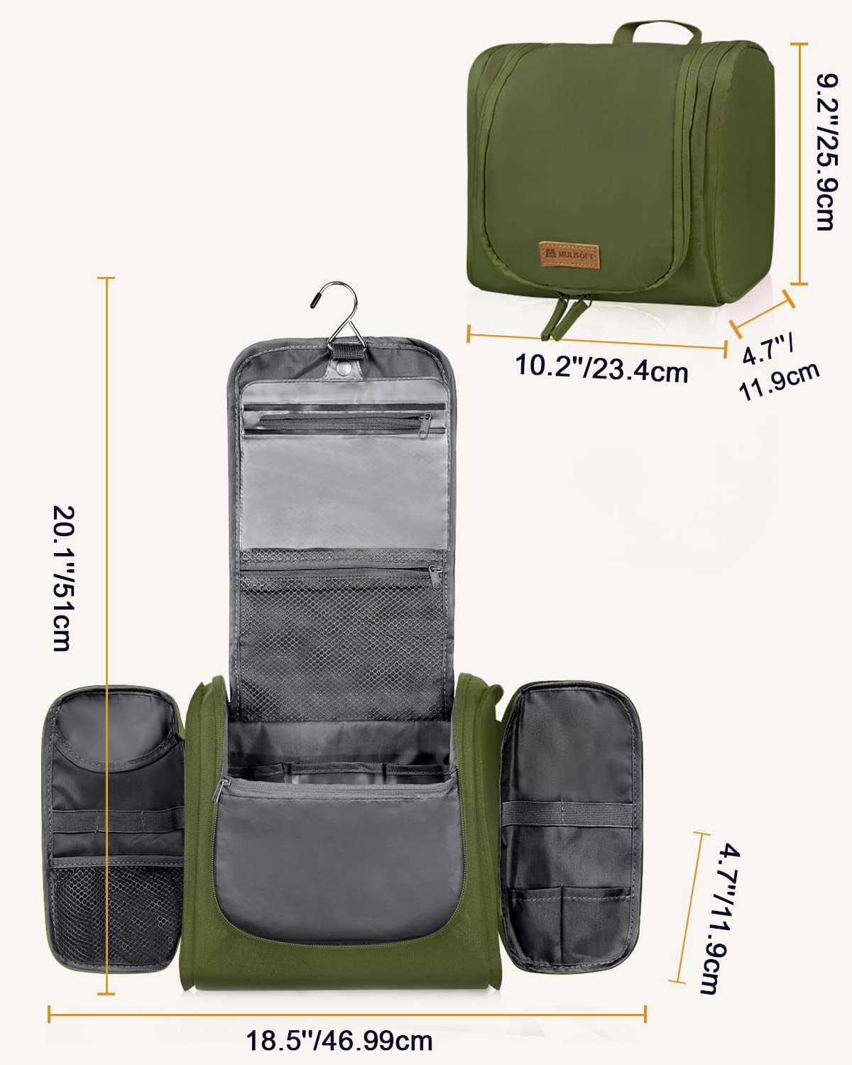 MULISOFT Toiletry Bag for Men and Women, Hanging Travel Toiletry Bag with Large Capacity, Water-resistant Makeup Bag with 16 Compartments for Toiletries and Cosmetics, Dopp Kit Shaving Bag, Green
