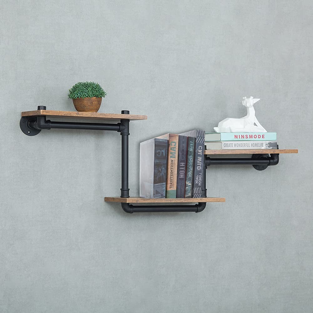 MAIKAILUN Industrial Floating Pipe Wall Mounted Shelves Rustic Modern Wood Shelving Bookcase 3 Layer Ladder Hanging Bookshelf for Home Bathroom Office Kitchen Decor(A)
