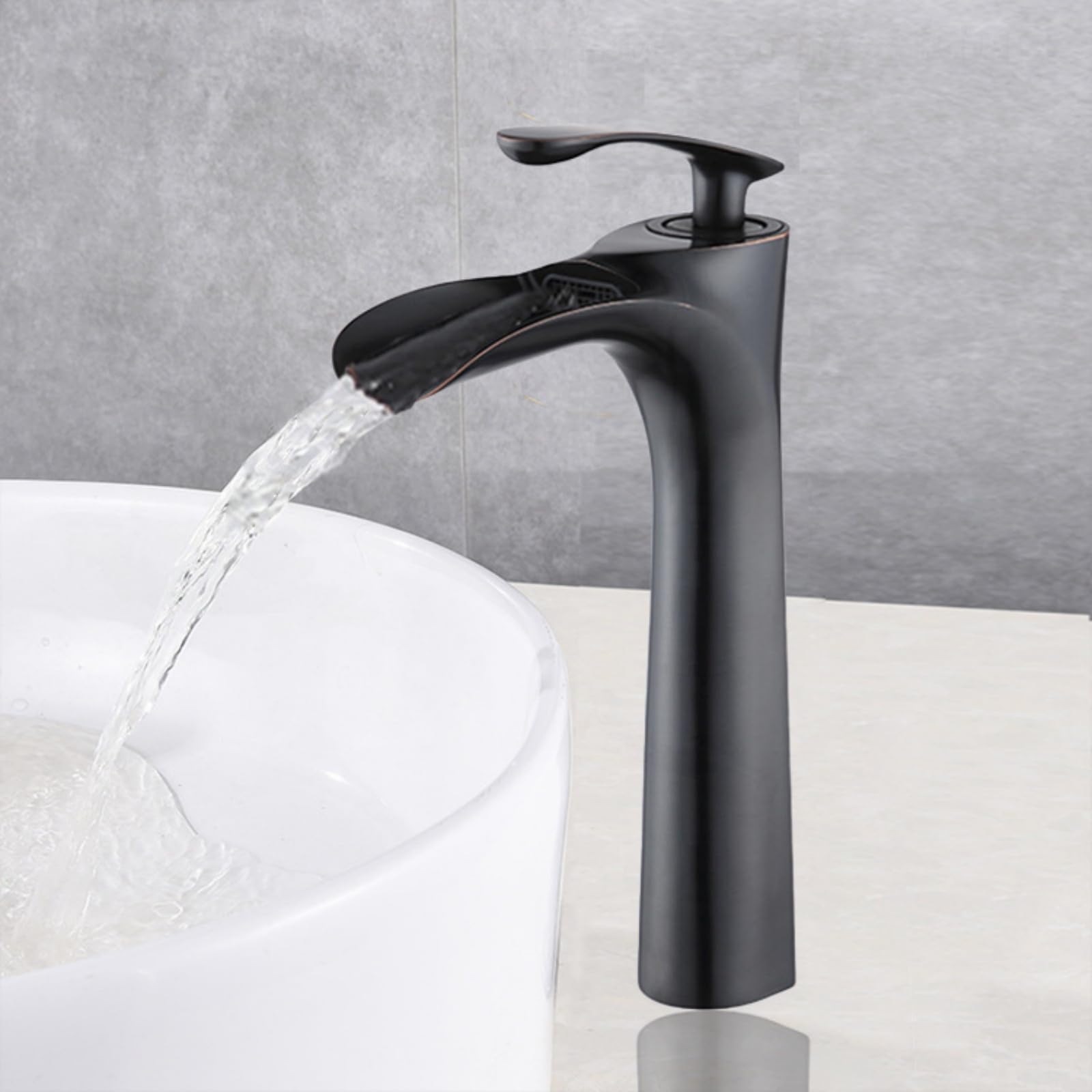 XJTNLB Wasserhahn Bad Wasserfall Hoch Schwarz Retro Waschtischarmatur Warm und Kalt Wasser Mischbatterien Bad Einhebel Wasserhahn Bad