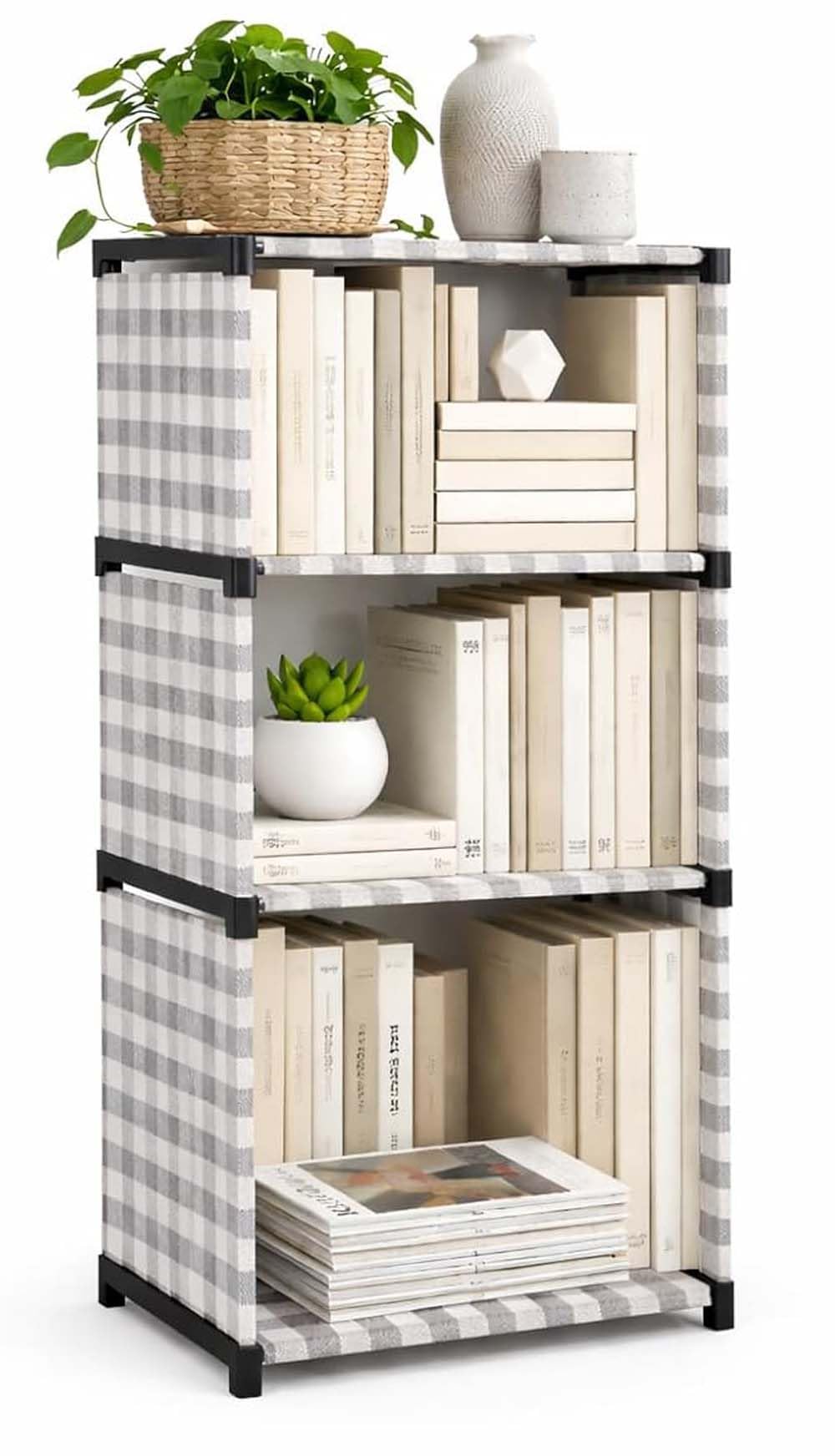 Modular Storage Shelf, 9-Cube Organizer, Stepped Design, Black Frame with Grey Checkered Pattern, 138x130x30 cm-image-41