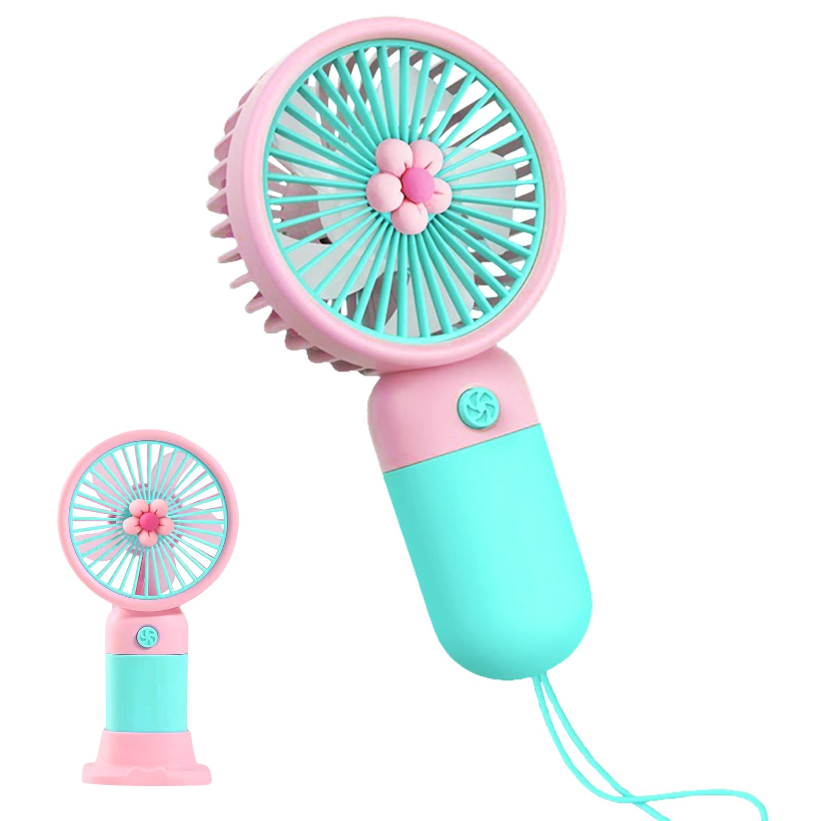 InteDesign Mini Handheld Fan, Cute Portable USB Rechargeable Fan, 3 Speed Silent Small Personal Fan with Lanyard Base, Pocket Size Desk Fan for Travel, Outdoor, Office, Home, Kids, Girls (Blue Pink)