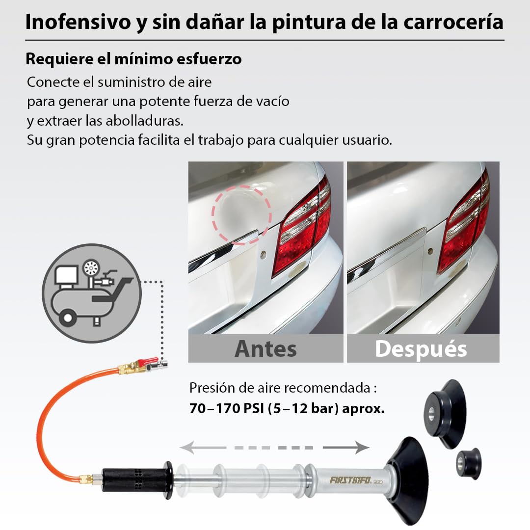FIRSTINFO Extractor Neumático de Abolladuras Carrocería 3 Ventosas | Kit completo 20 pestañas+pegamento, válvula latón, 70-170 PSI, ideal granizo y bollos puerta, garantía 12 meses A1501EUY1