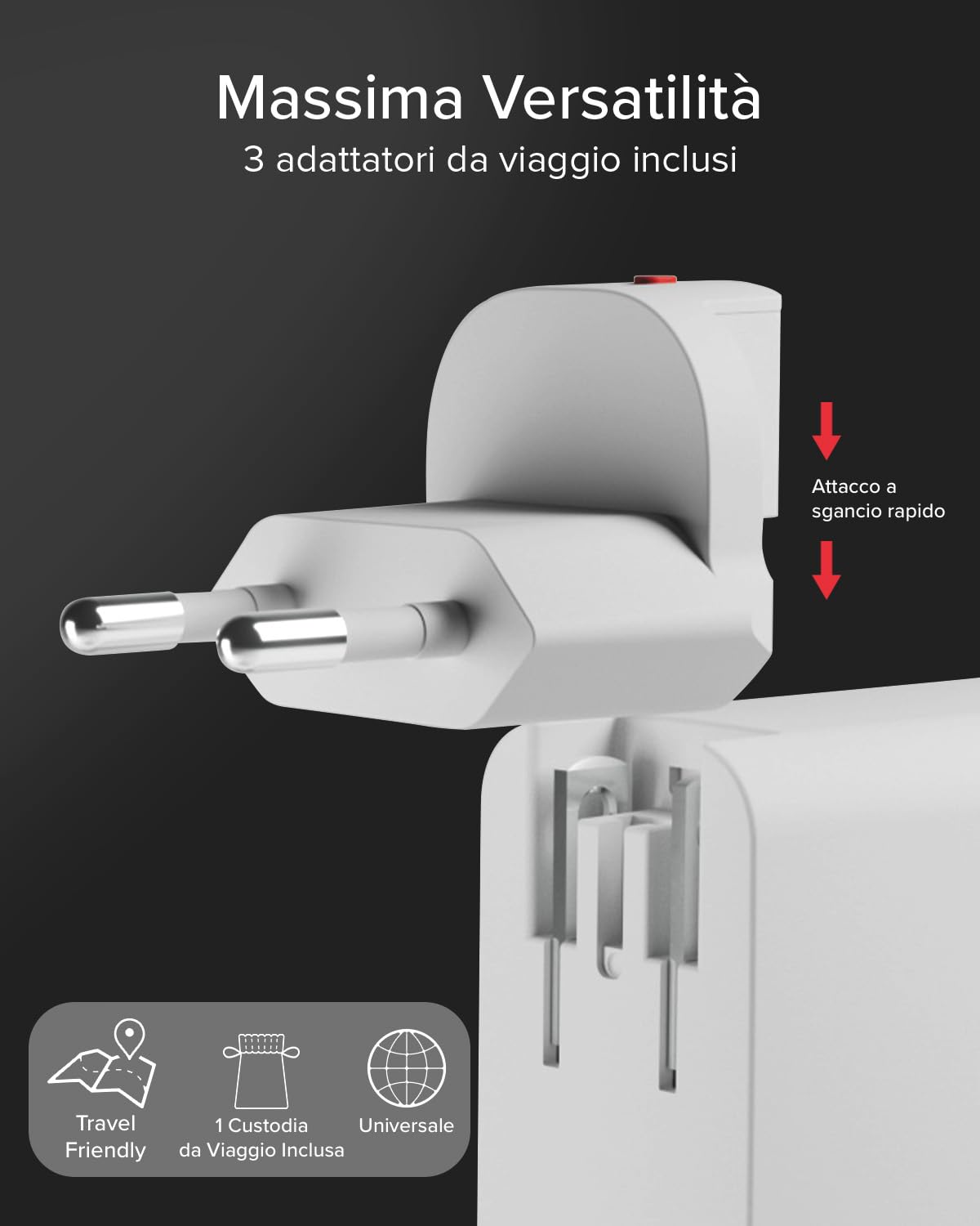 SBS Travel Adapter USB-C 100W, Caricatore da Viaggio con Spine US/UK/EU/AU | Convertitore Adattattore 4 porte USB, Power Delivery (PD), Ricarica Rapida per iPhone, Android, MacBook e Notebook, Bianco