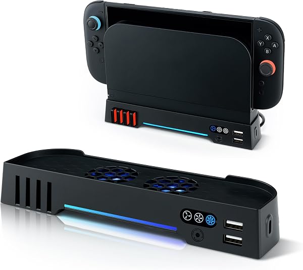 Mcbazel Switch 2 Dock Cooling Fan z RGB Lights, 3-Prędkościowa Regulacja, Stojak na Karty do Gier, Porty USB do Ładowania, Zwiększone Odprowadzanie Ciepła dla Konsoli Switch 2