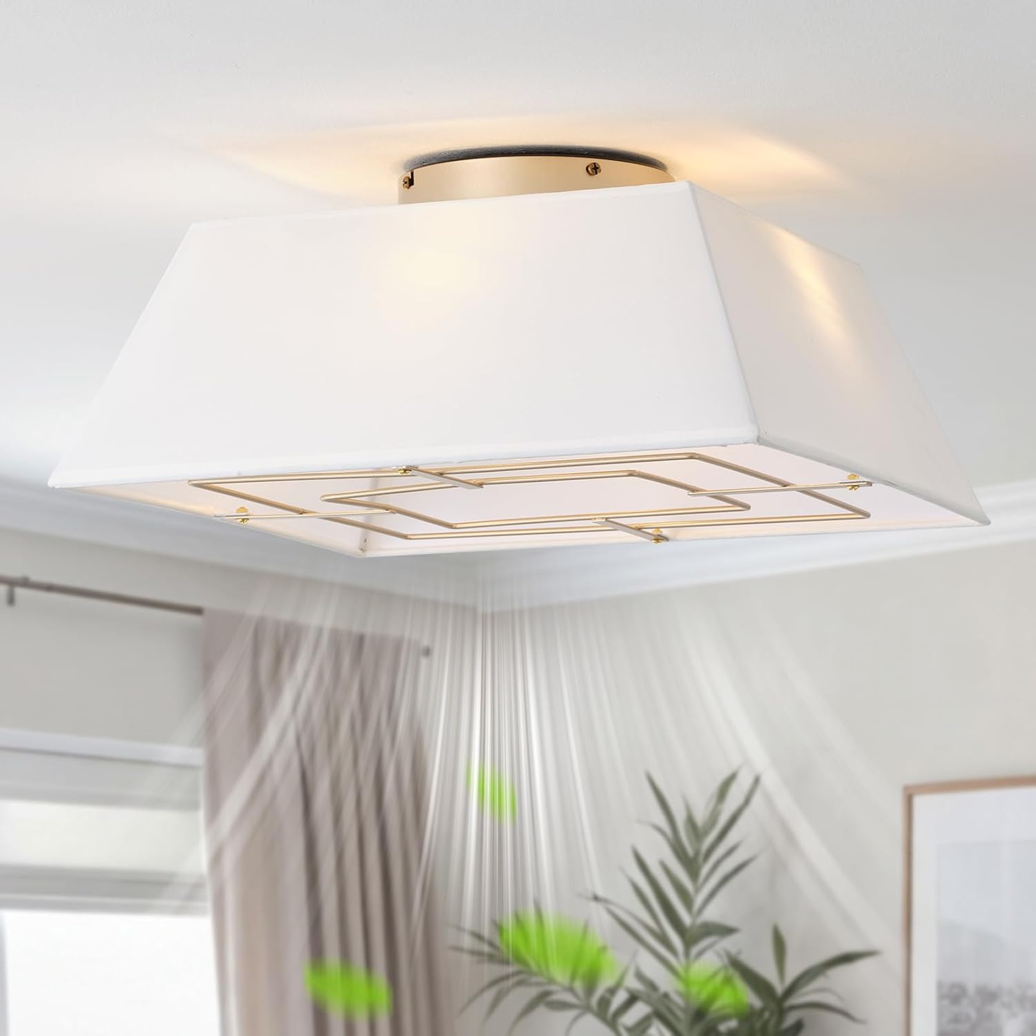 18" Square Flush Mount Ceiling Fans with Lights, Caged Boho Ceiling Fan with Light Remote Control, Low Profile 6 Speeds for Bedroom, Living Room, Kitchen (White)