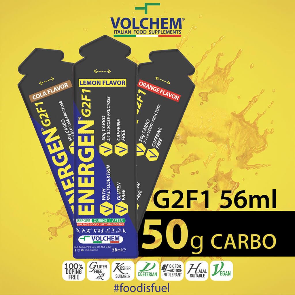 Volchem Energen G2F1, Gel Energetico con Maltodestrine, Glucosio e Fruttosio, Contiene Sodio e Potassio (Arancia) 24 buste (Orange)