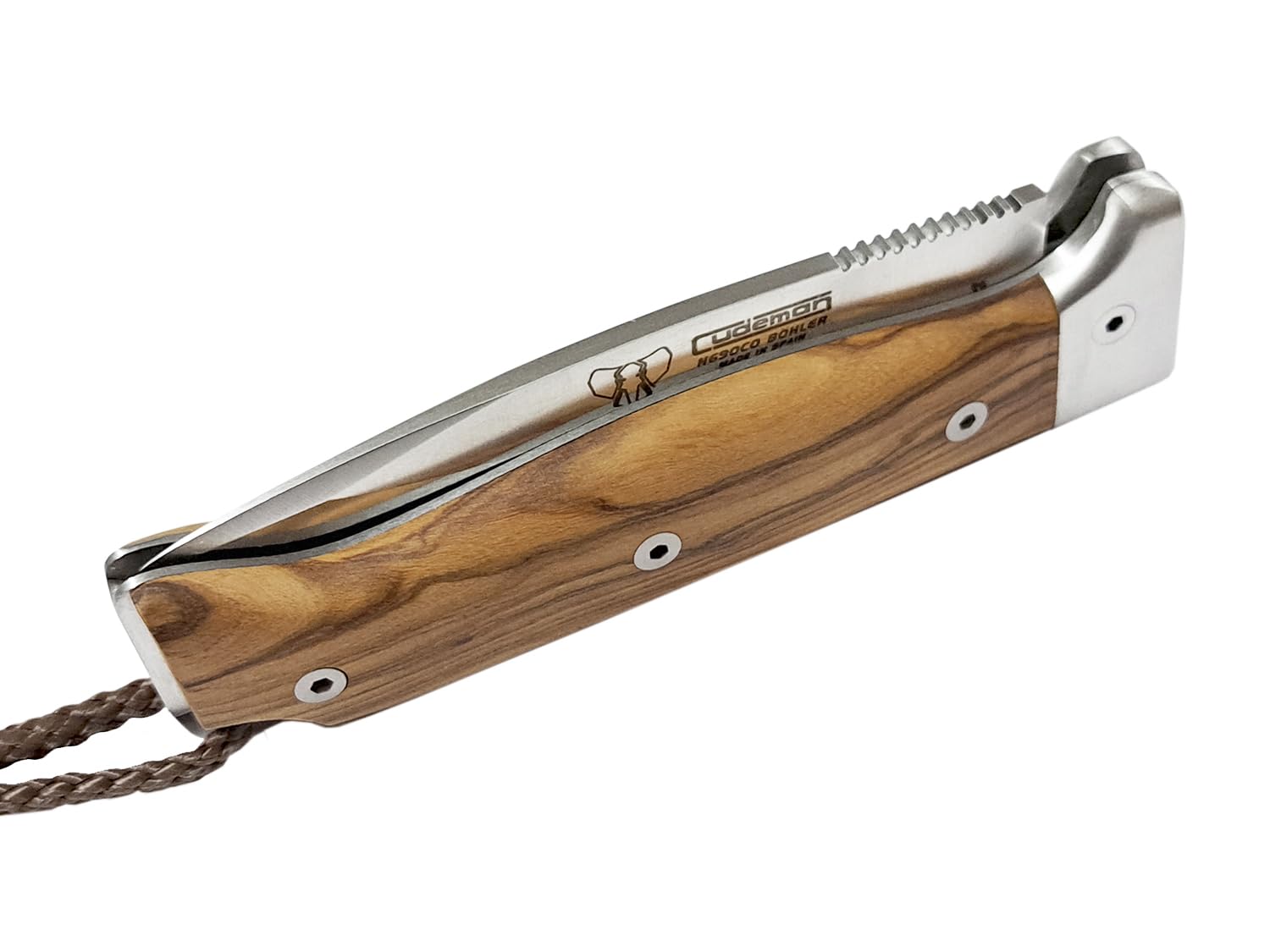 Navaja CUDEMAN MT-4 Plegable Hoja 10 cm. Acero Bohler N690CO Olivo Satinado, Caza 384-LF con Funda de Cuero + Tarjeta Multiusos de Regalo
