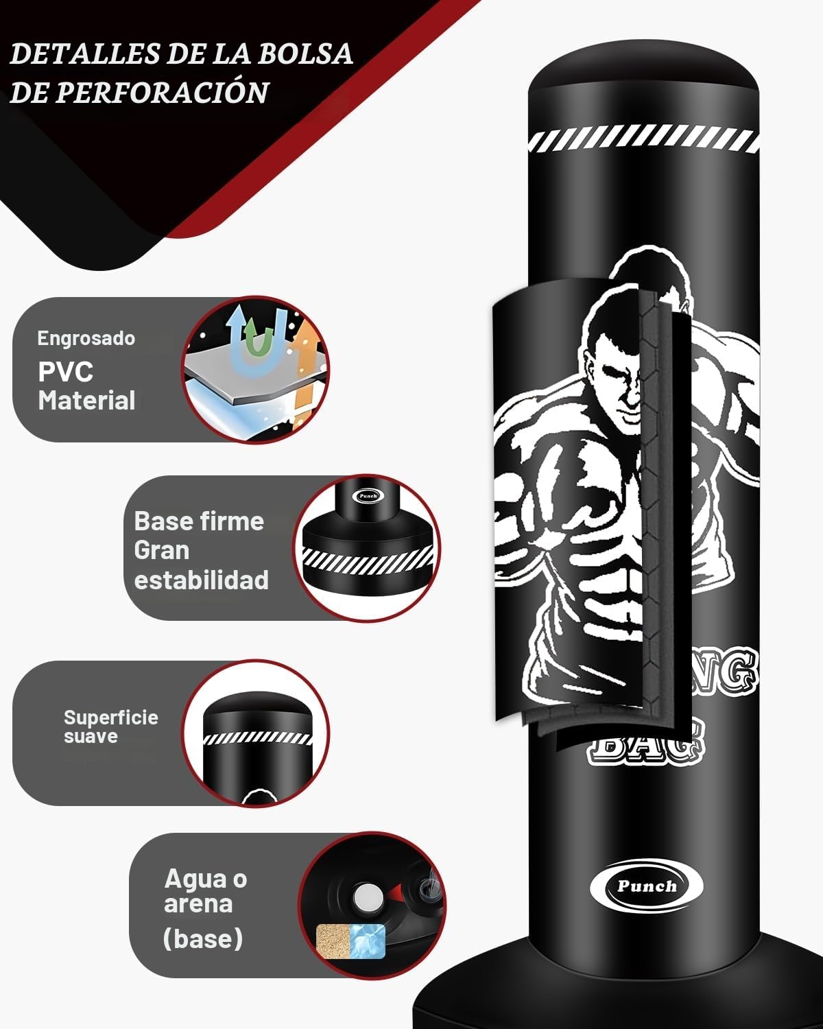 Saco de Boxeo para Adultos, 180 cm, Saco de Boxeo Inflable Pesado con Soporte, Bolsas de Kickboxing para Artes Marciales Mixtas, Muay Thai, Fitness, Mujeres y Hombres, Equipo de Entrenamiento