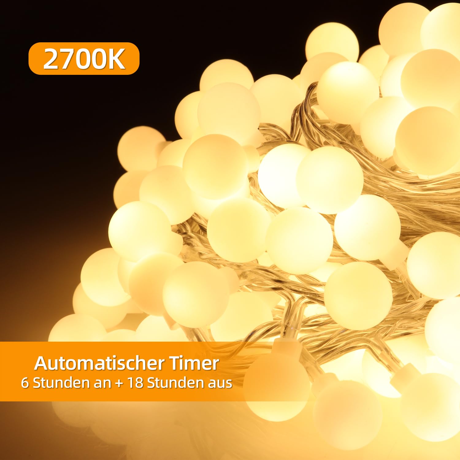 DA LIGHT Ghirlanda luminosa a sfere, luce calda, 12 m, 120 LED, illuminazione per interni/esterni, con 8 modalità, timer, IP44, ideale per Natale, matrimoni, giardino, terrazza, balcone, luci