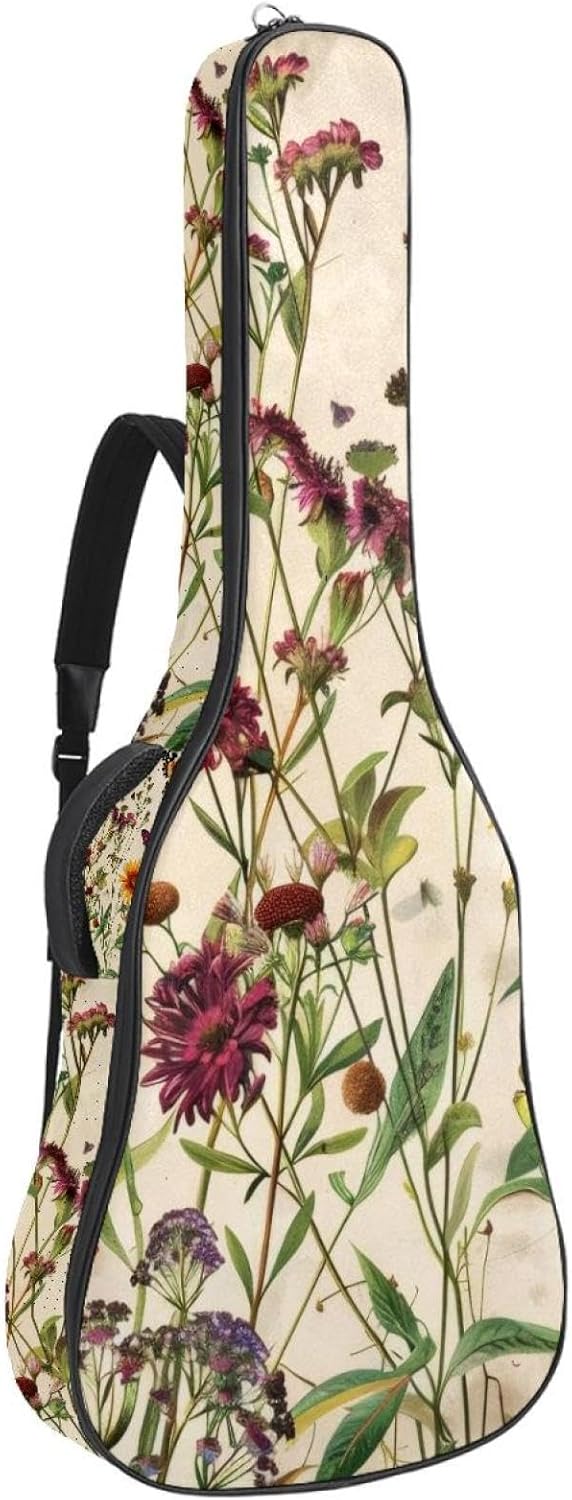 Acoustic Guitar Bag 0.4 Inch Thick Padding Waterproof Guitar Case Gig Bag for 40 41 42 Inch Electric Bass Classical Guitar, Butterflies Wildflowers