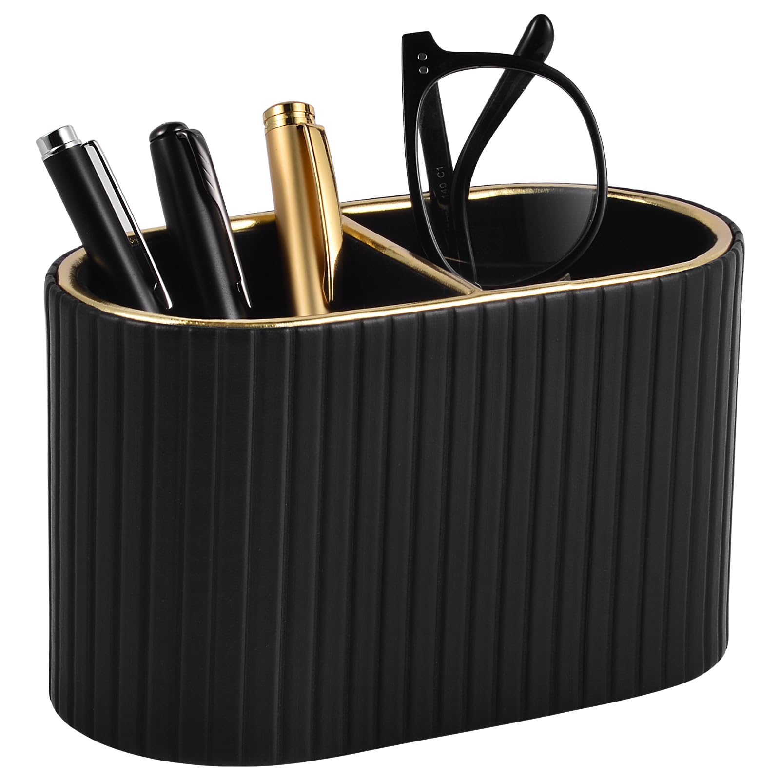 XNONE PU Leather Desk Organizer,Pen Holder,Small Remote Control Holder Pencil Cup Multifunctional Nightstand Organizer Caddy for Home School Office Desk Accessories,2 Compartments (Black)