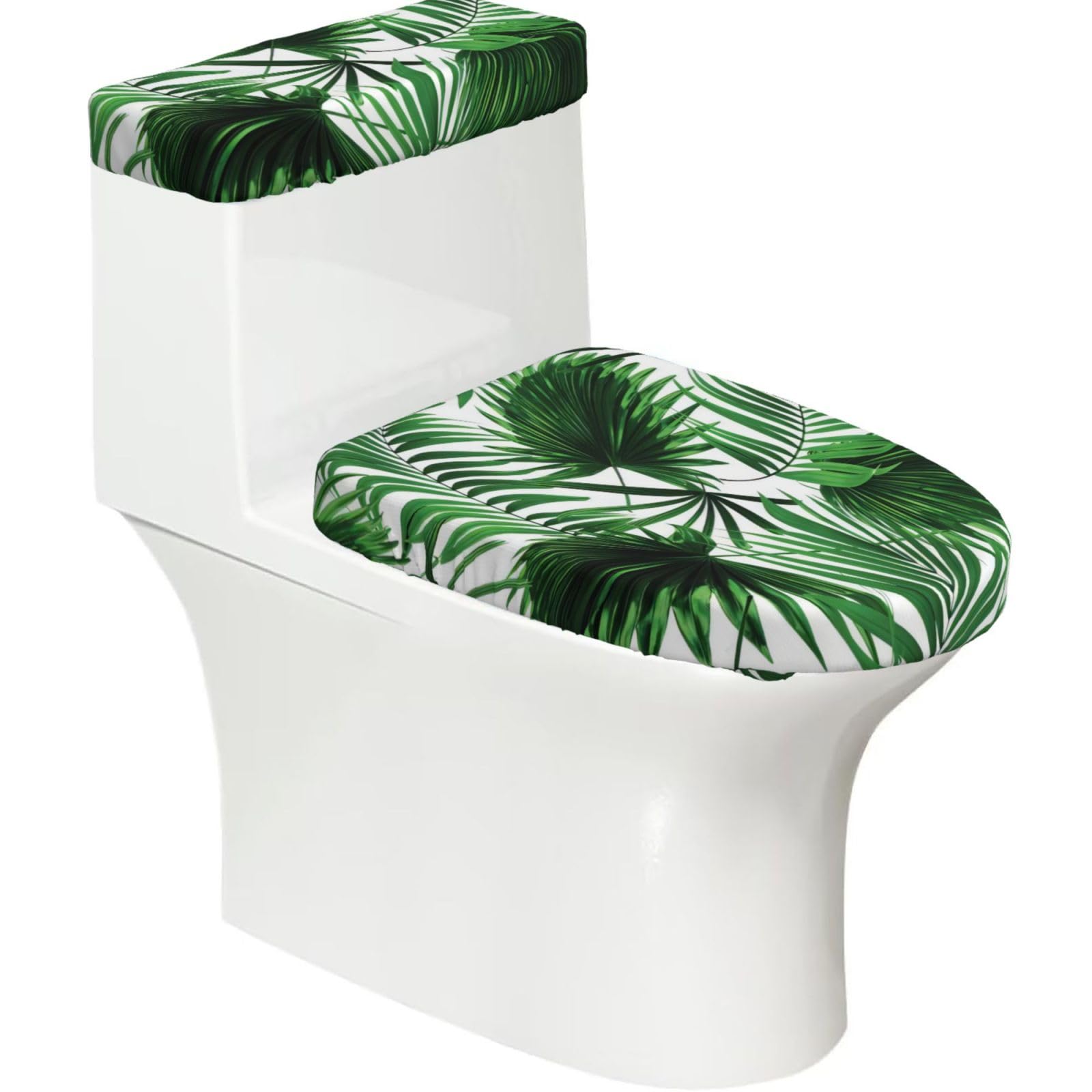 Palm Leaf 2-Piece Toilet Seat Cover Set with Tank Lid - Elastic for U-Shape & Elongated - Bathroom Decor