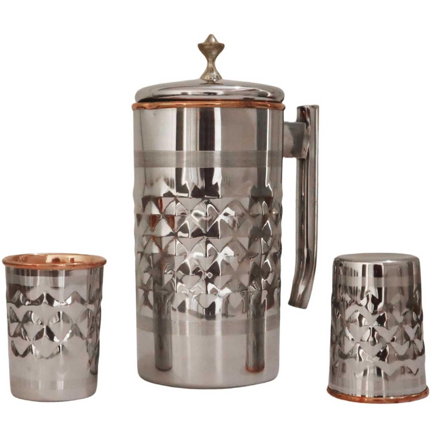 Pichet à eau en acier inoxydable et cuivre pur avec 2 gobelets assortis pour les bienfaits de la santé ayurveda (motif diamant)