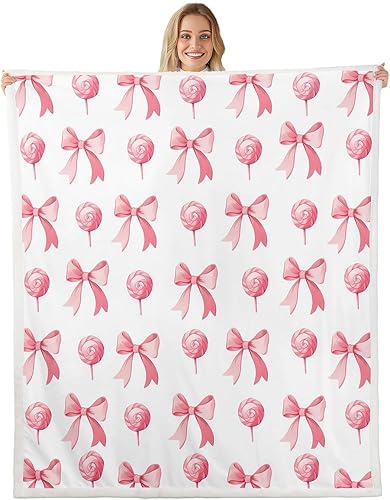 Vista 25 de Manta moderna de franela de vellón con lazo de 40 x 50 pulgadas, estilo princesa, manta mullida para sofá y sofá, con lazos azules y blancos