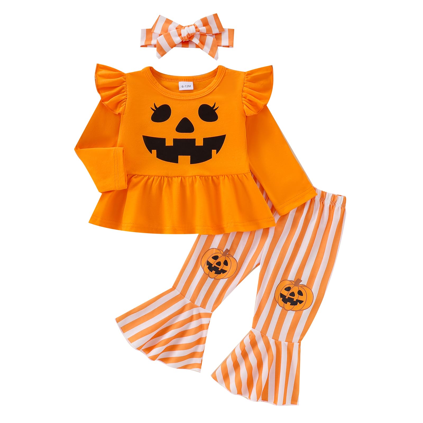 Karesoull Kids Baby Girl Halloween Outfit Pumpkin Print Bell Bottoms Fall Toddler Flare Clothes Set (Orange pumpkin, 2-3T)