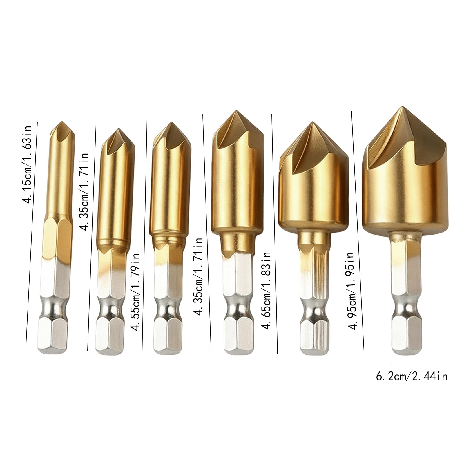 Set di 6 punte per trapano svasate, 90 gradi, rivestite in titanio, 5 scanalature, codolo esagonale, per legno e metalli morbidi, 1/4 a 3/4"