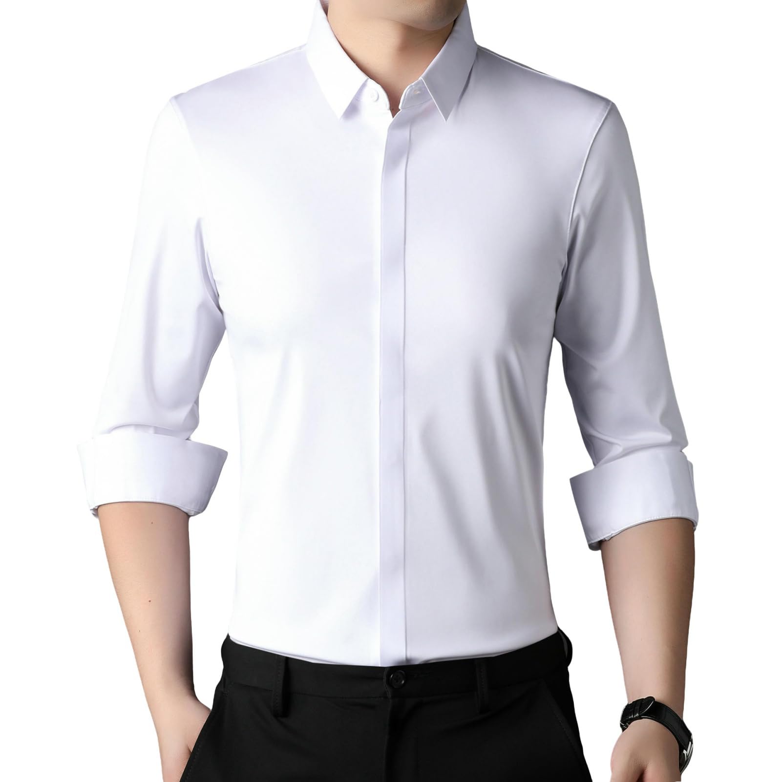Camicia a maniche lunghe da uomo, tinta unita, slim fit, abbottonatura nascosta, senza pieghe, casual, traspirante, con bottoni