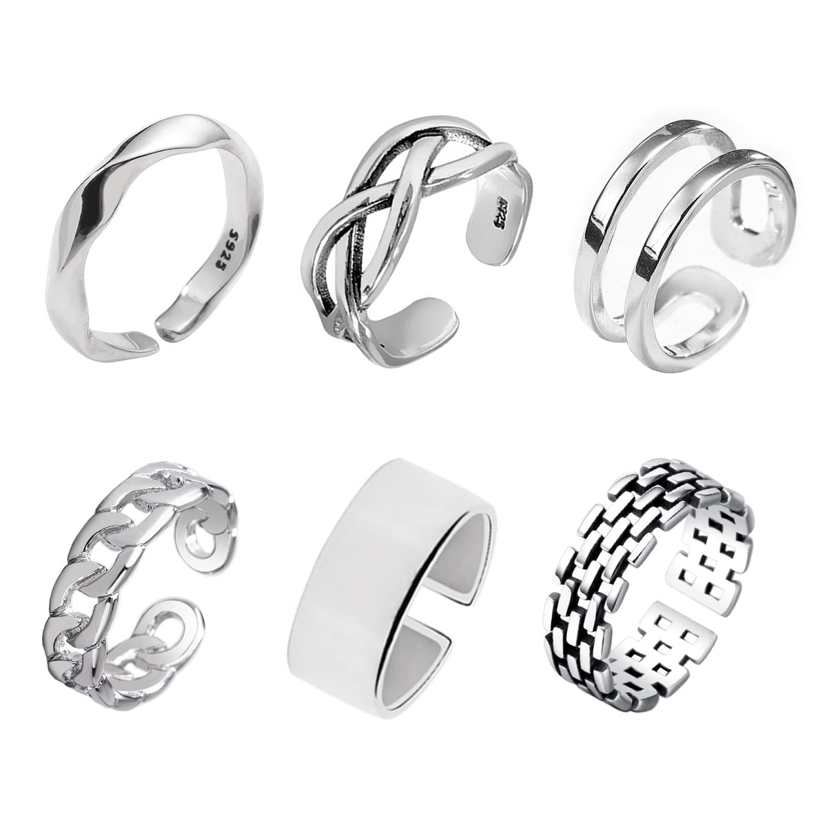 [Vigetto] 6点セット 指輪 メンズ リング アクセサリー 金属銀メッキリング ズシルバー ユニセックス おしゃれ シンプル 調節可能 人気 セット