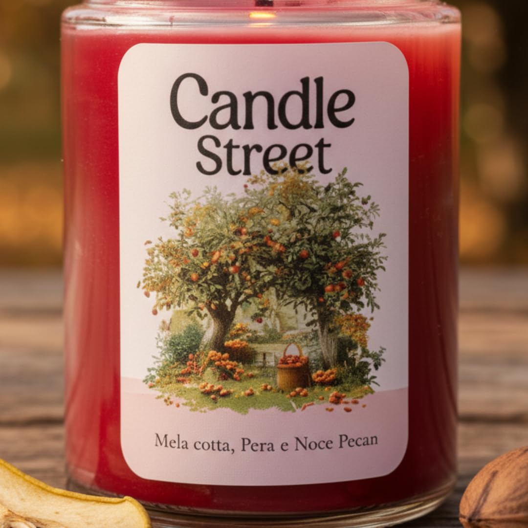 Candle Street | Herbstfrucht - Herbst Postcards | Duftende Herbstkerze | Gekochter Apfel, Birne und Pekannuss | Lange Brenndauer | Natürliches Sojawachs | Handgefertigt in Italien (Mega)