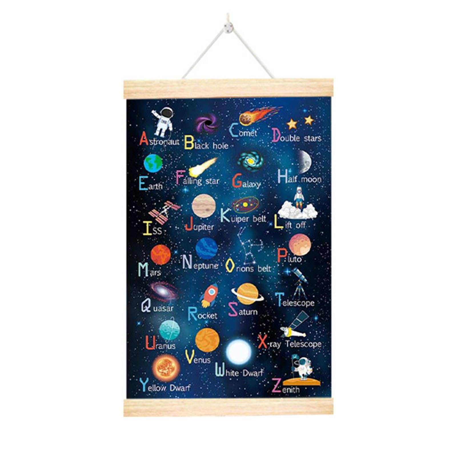 alloneslife Educational Space Wall Art Space Planet Alphabets Poster with Wood Hanger Frame for Kids Room and Classroom Wall Decors Kids Room Decors