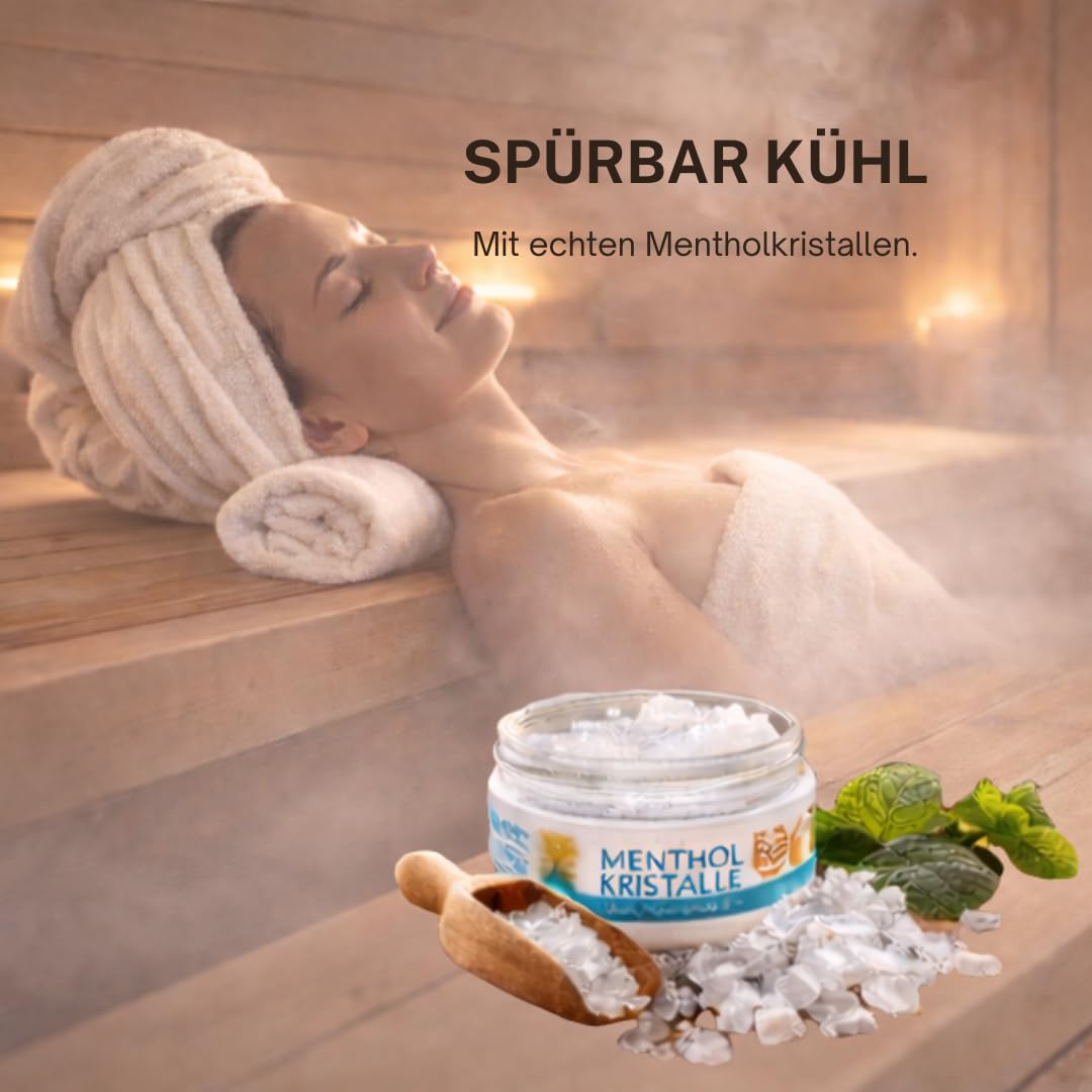 KK Hygiene Saunaaufguss Set „Toskana“ 4 x 100 ml (Eukalyptus, Orange, Zitrone & Pfefferminz) + 50 g Mentholkristalle – Mediterran-frisches Sauna Geschenkset für finnische Sauna & Dampfbad