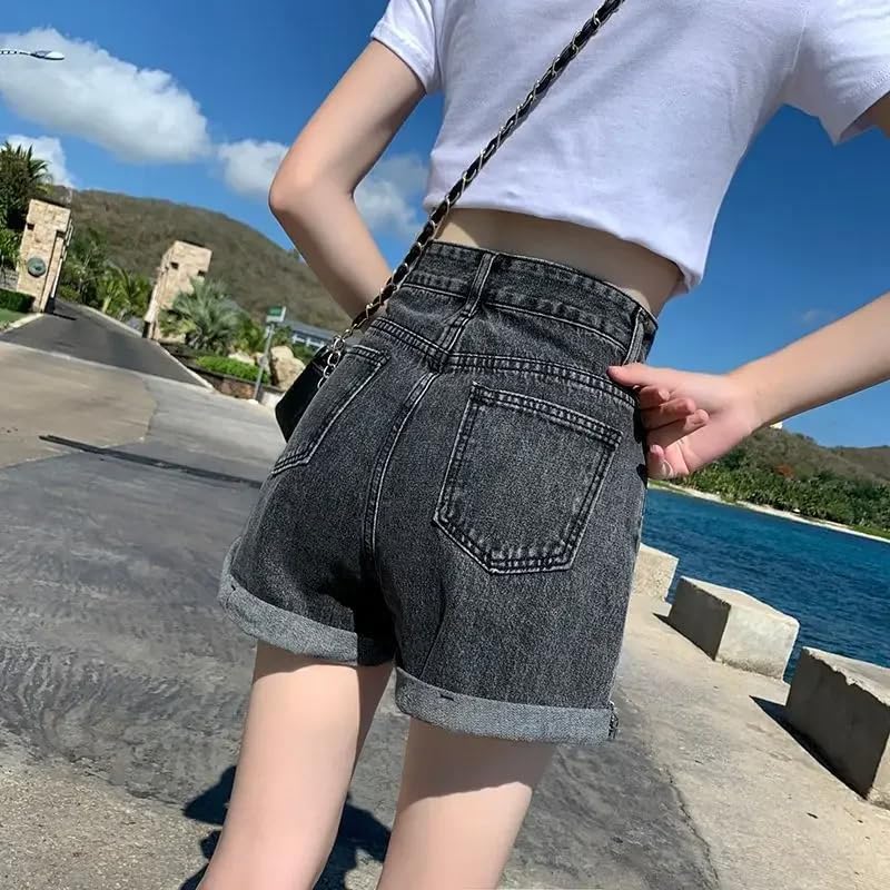 Pantalones cortos de mezclilla para mujer, de verano, cintura alta, sueltos, gris, S