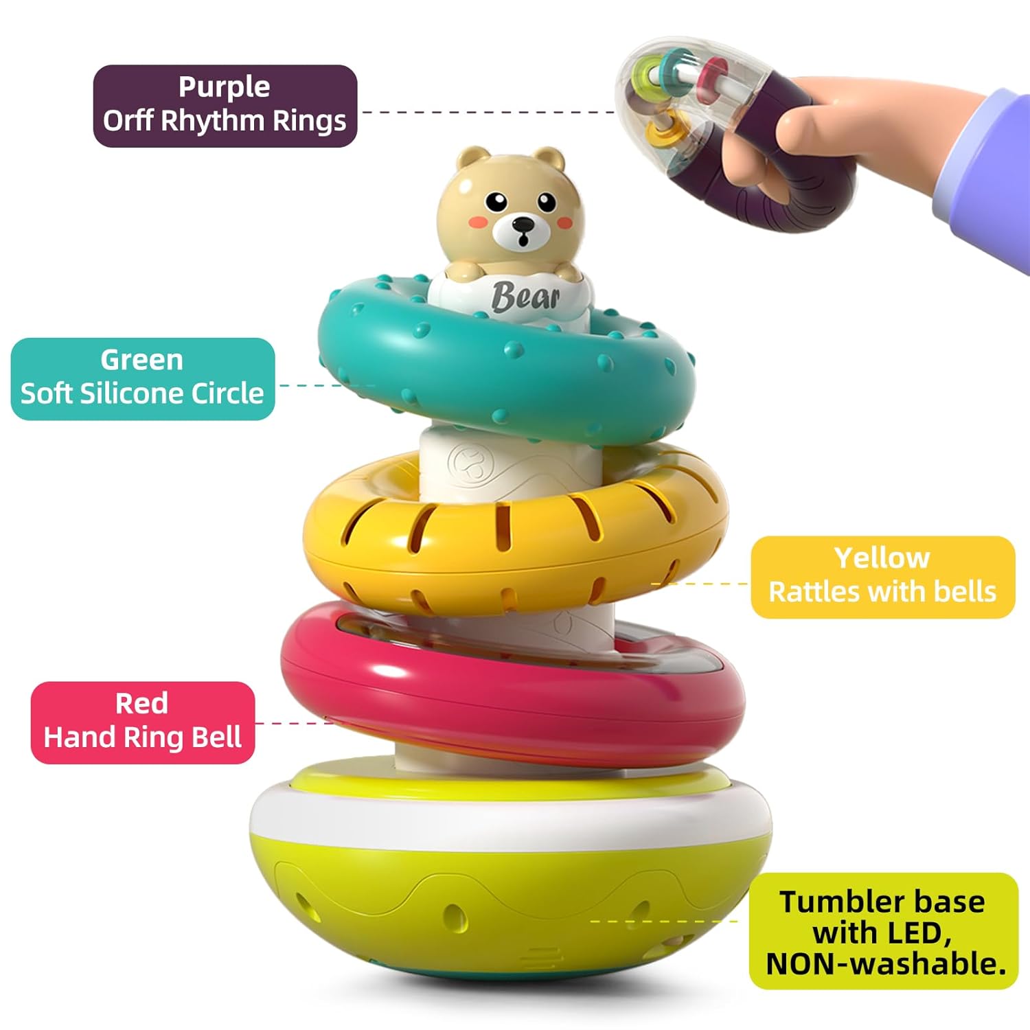 Baby Ring Stacker Toy with Lights, Musical Stacking Toys for Toddlers 1-3, Automatic Rotating Montessori Toys for Babies 6-12 Months, Early Learning Toy 1 Year Old Boy and Girl Gifts